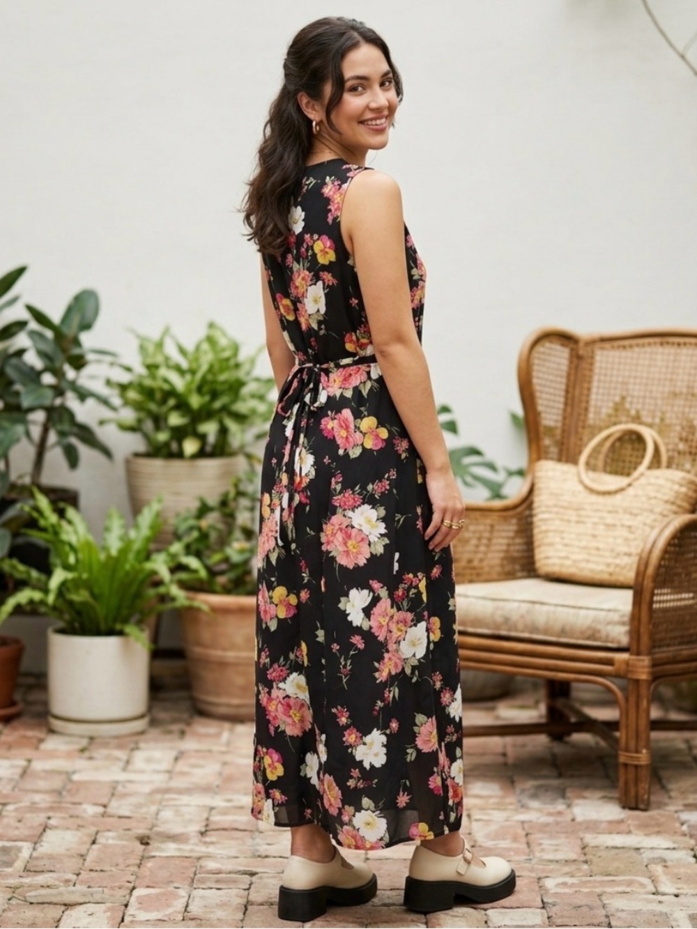 VTG 90s Y2K Sweet Floral Maxi Dress Sleeveless Tie Back Med Slit Column Chiffon